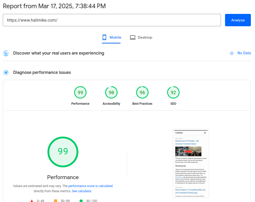 Lighthouse performance results for the Jekyll site
